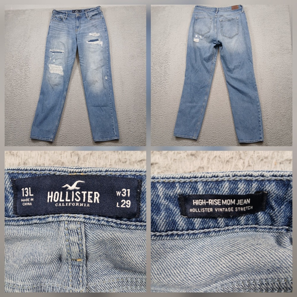 Hollister High-Rise‎ Mom Jean Women's 13L W31 L29 Light Wash Distressed Stretch